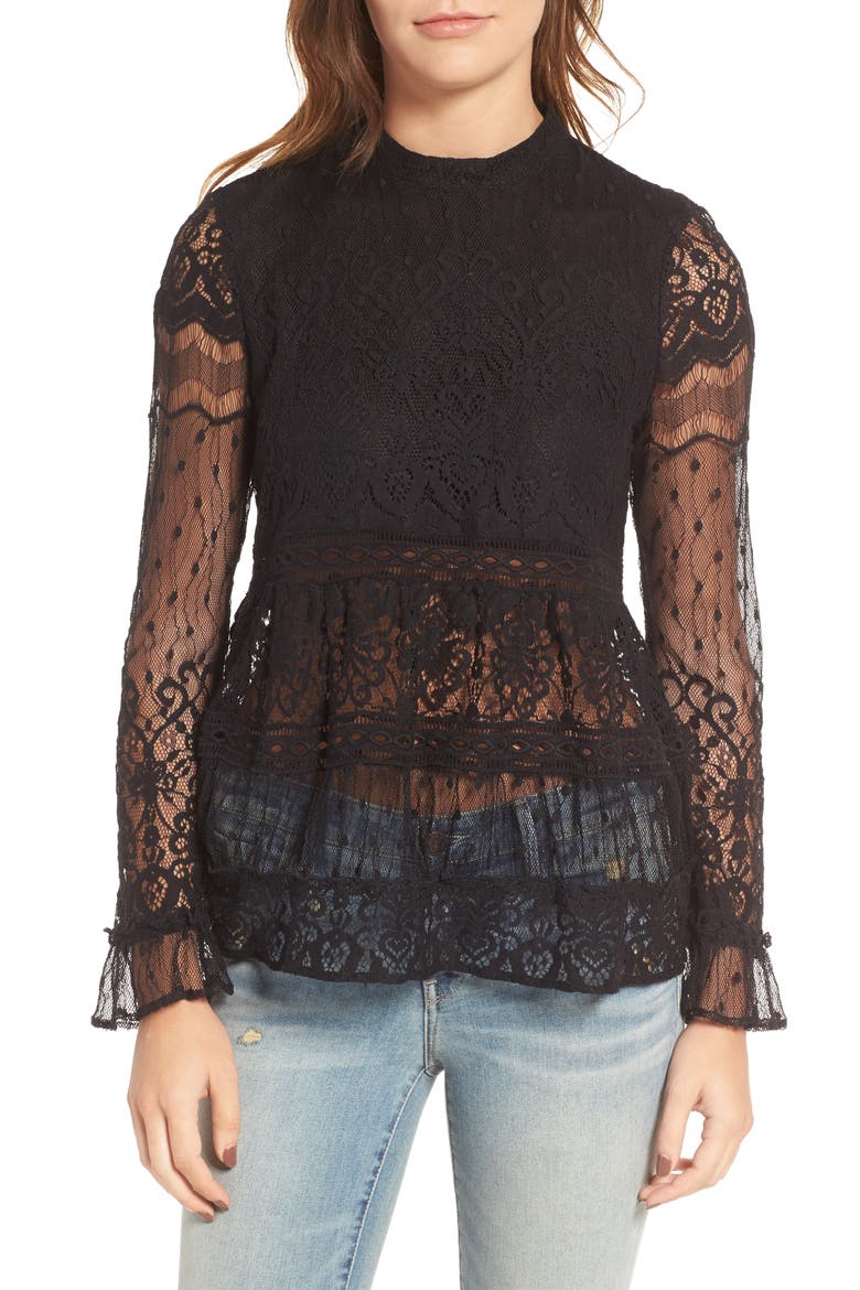 Lace Peplum Top, Main, color, BLACK