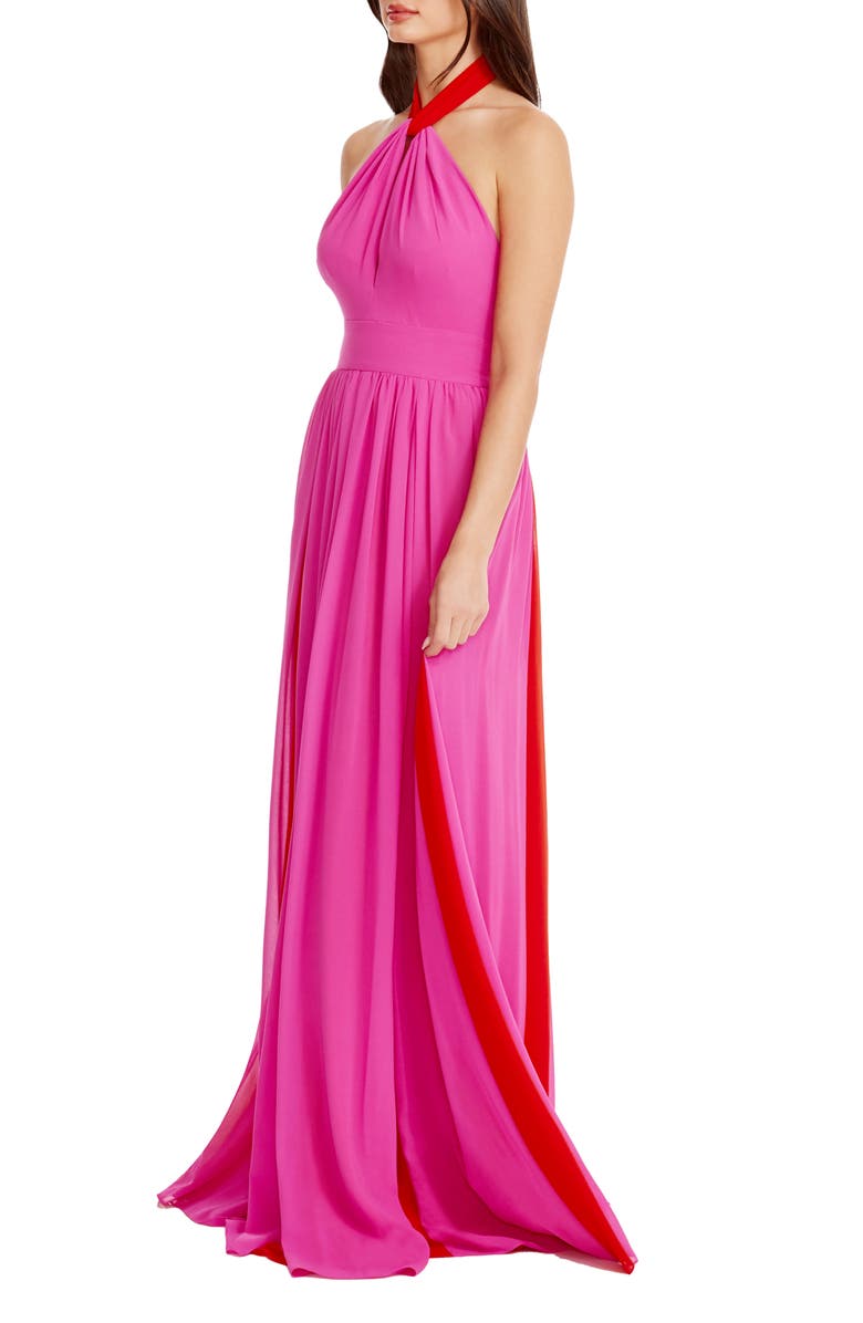 Dress the Population Meg Two-Tone Halter Gown, Alternate, color, Bright Fuchsia-Poppy