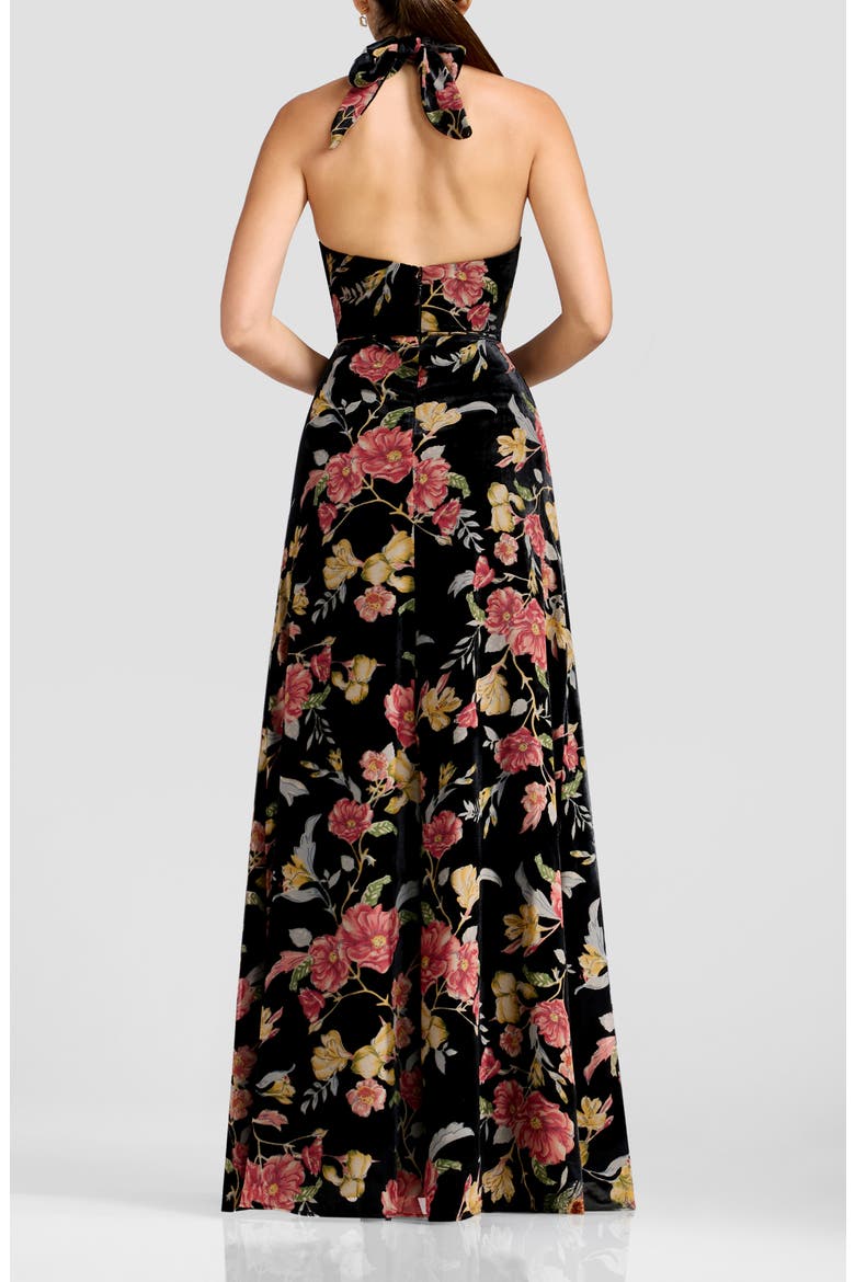 Brighton Floral Burnout Velvet Halter Gown, Alternate, color, BLACK MULTI