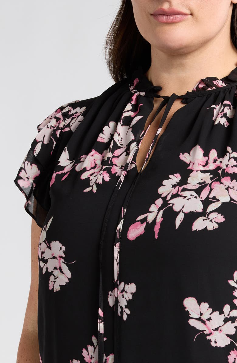 Anne Klein Floral Ruffle Sleeve Tie Neck Top, Alternate, color, 