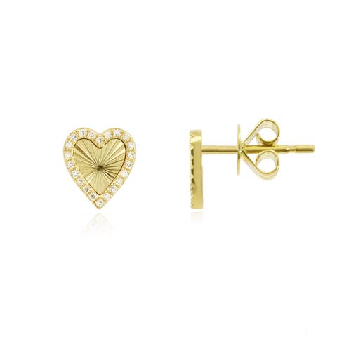 Skinny Fluted Gold Diamond Heart Stud Earring