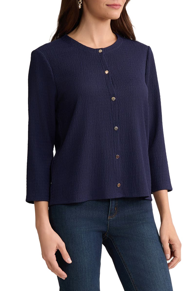Jones New York Three Quarter Sleeve Cardigan, Alternate, color, Pacific Navy