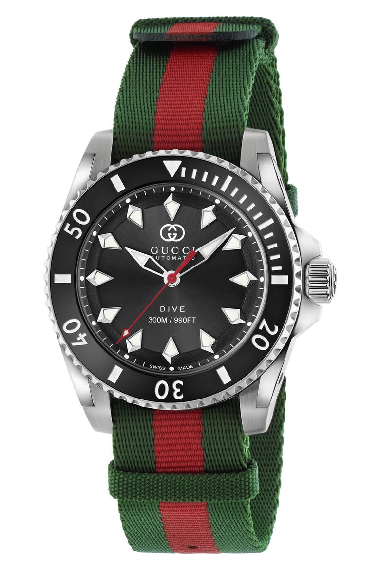 Dive Fabric Strap Watch, 40mm, Main, color, BLACK/ GREEN/ RED