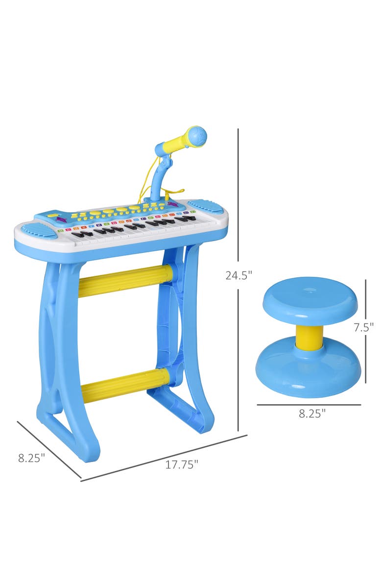 Qaba Kids Toy Keyboard Piano, Stool, Microphone, Flashlight, Alternate, color, Blue