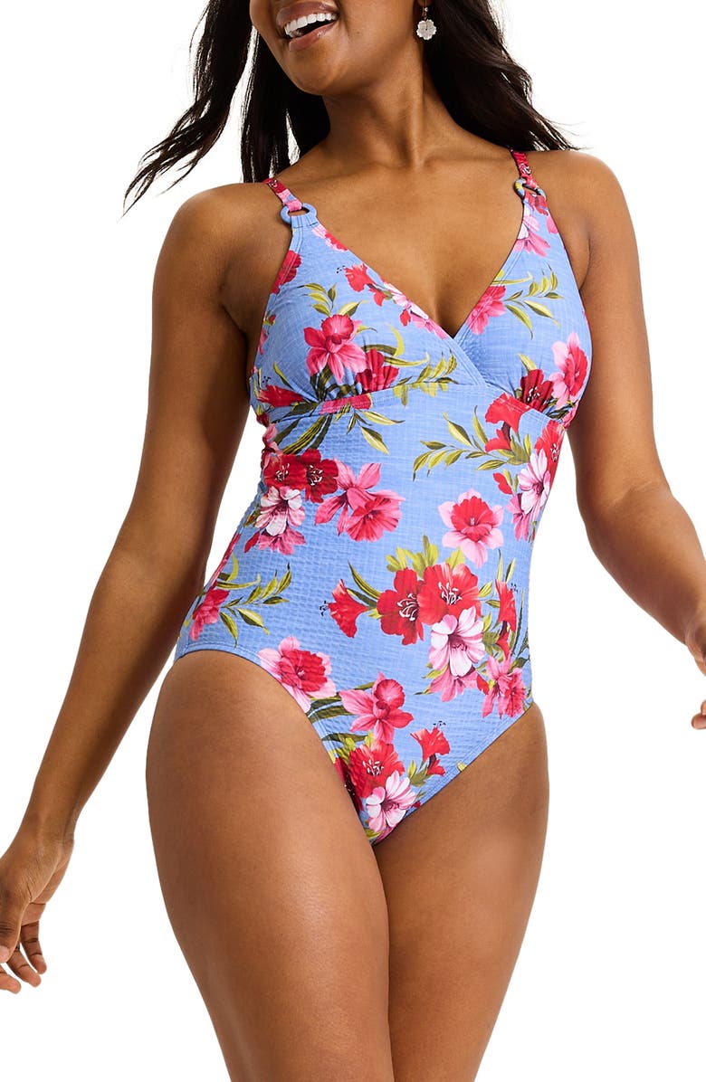 Tommy Bahama Chambray Beach Floral One-Piece Swimsuit, Main, color, 