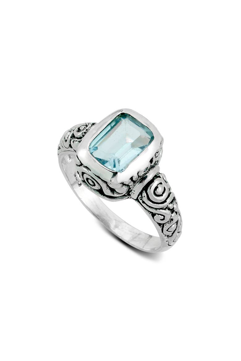 Emerald Cut Blue Topaz Filigree Ring, Main, color, BLUE