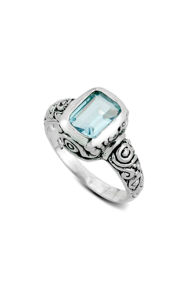 SAMUEL B. Emerald Cut Blue Topaz Filigree Ring, Main, color,