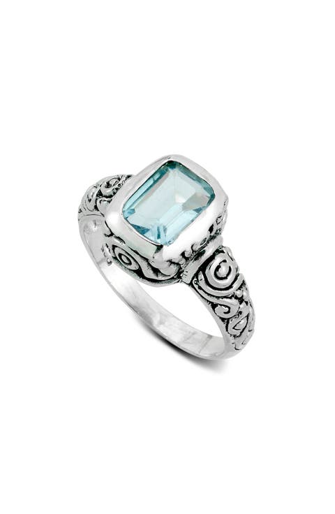 Emerald Cut Blue Topaz Filigree Ring