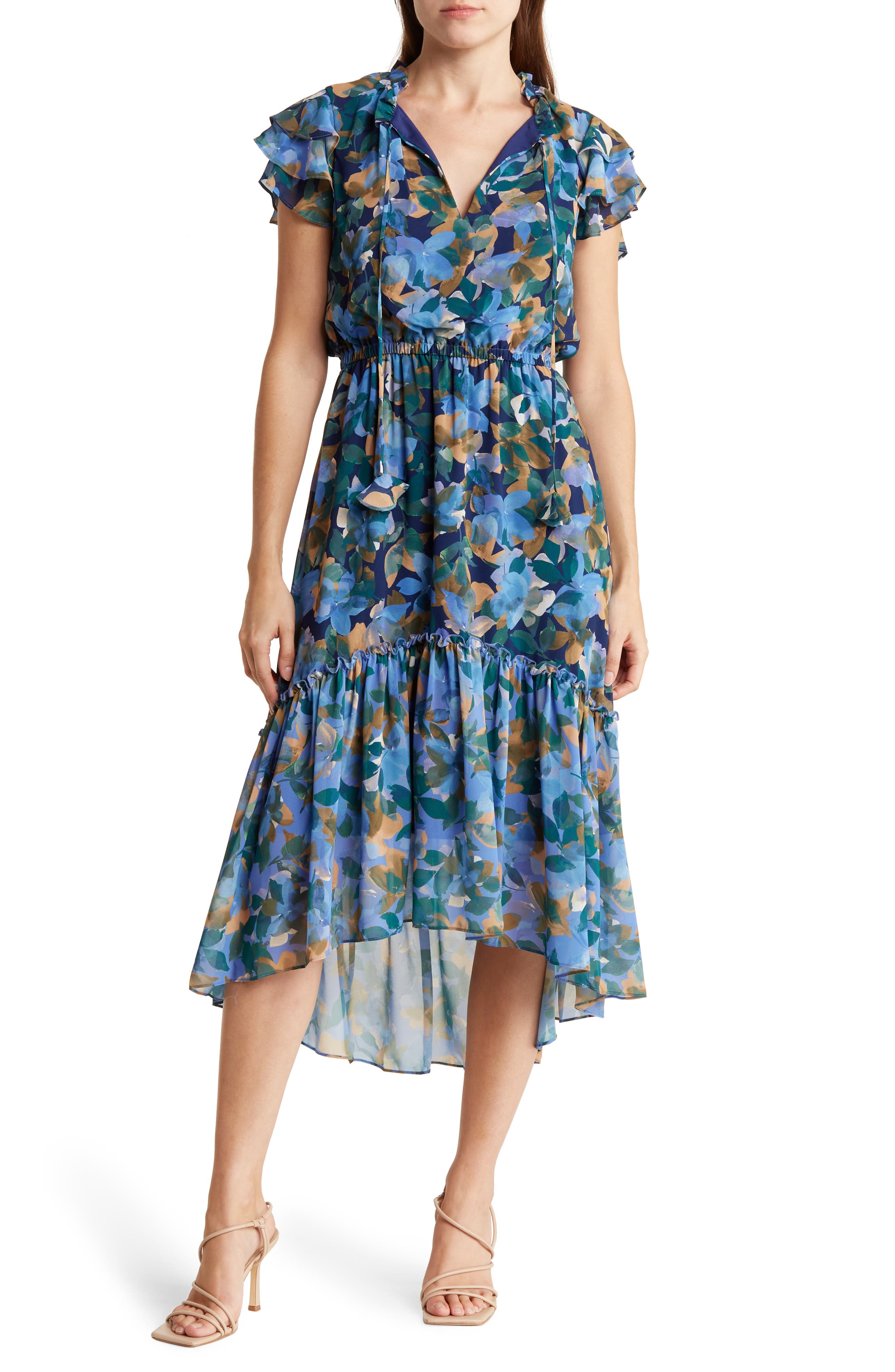 Vince Camuto Floral Flutter Sleeve Chiffon High-Low Midi Dress