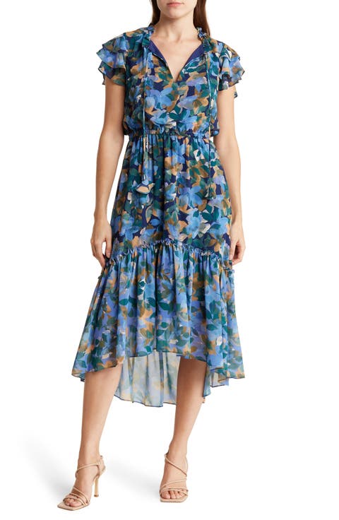 Floral Flutter Sleeve Chiffon High-Low Midi Dress
