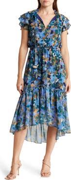 Vince Camuto Floral Flutter Sleeve Chiffon High-Low Midi Dress
