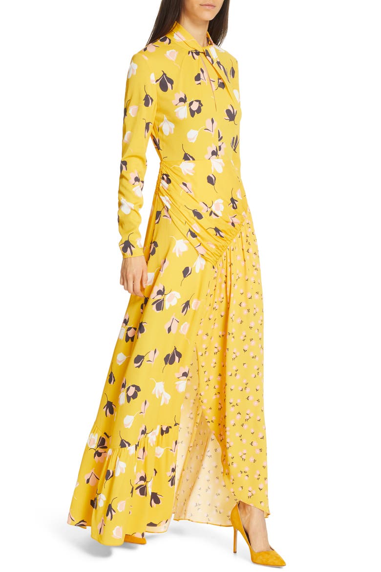 Floral Print Twist Neck Long Sleeve Maxi Dress, Alternate, color, YELLOW