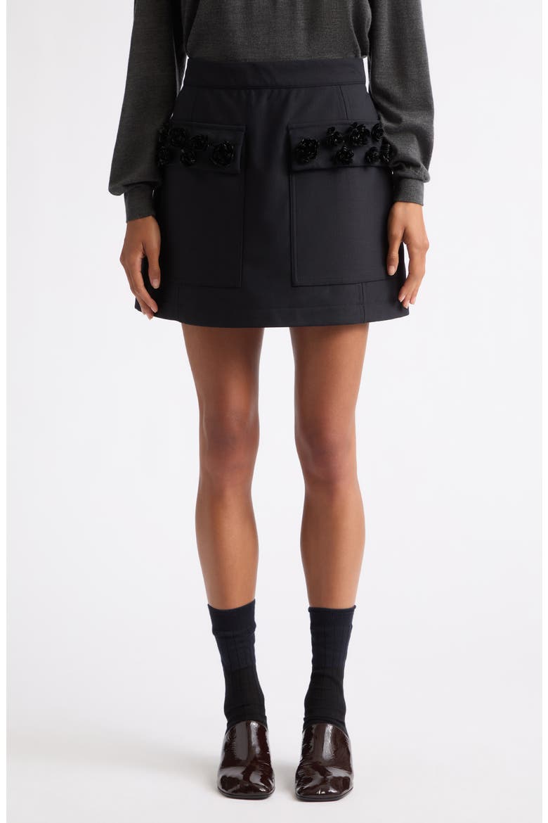 Floral Embellished Pocket Stretch Wool Miniskirt, Main, color, MELANGE BLUE