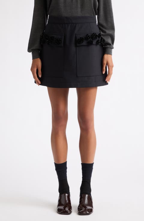 Floral Embellished Pocket Stretch Wool Miniskirt
