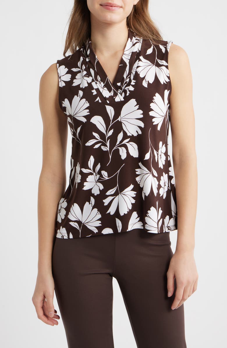 Anne Klein Floral Triple Pleat V-neck Top, Main, color, Dark Chocolate