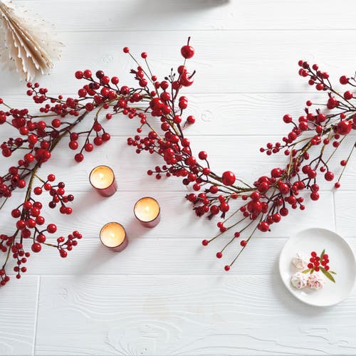 Tag Bright Red Holly Berries Garland For Christmas Decor In Red