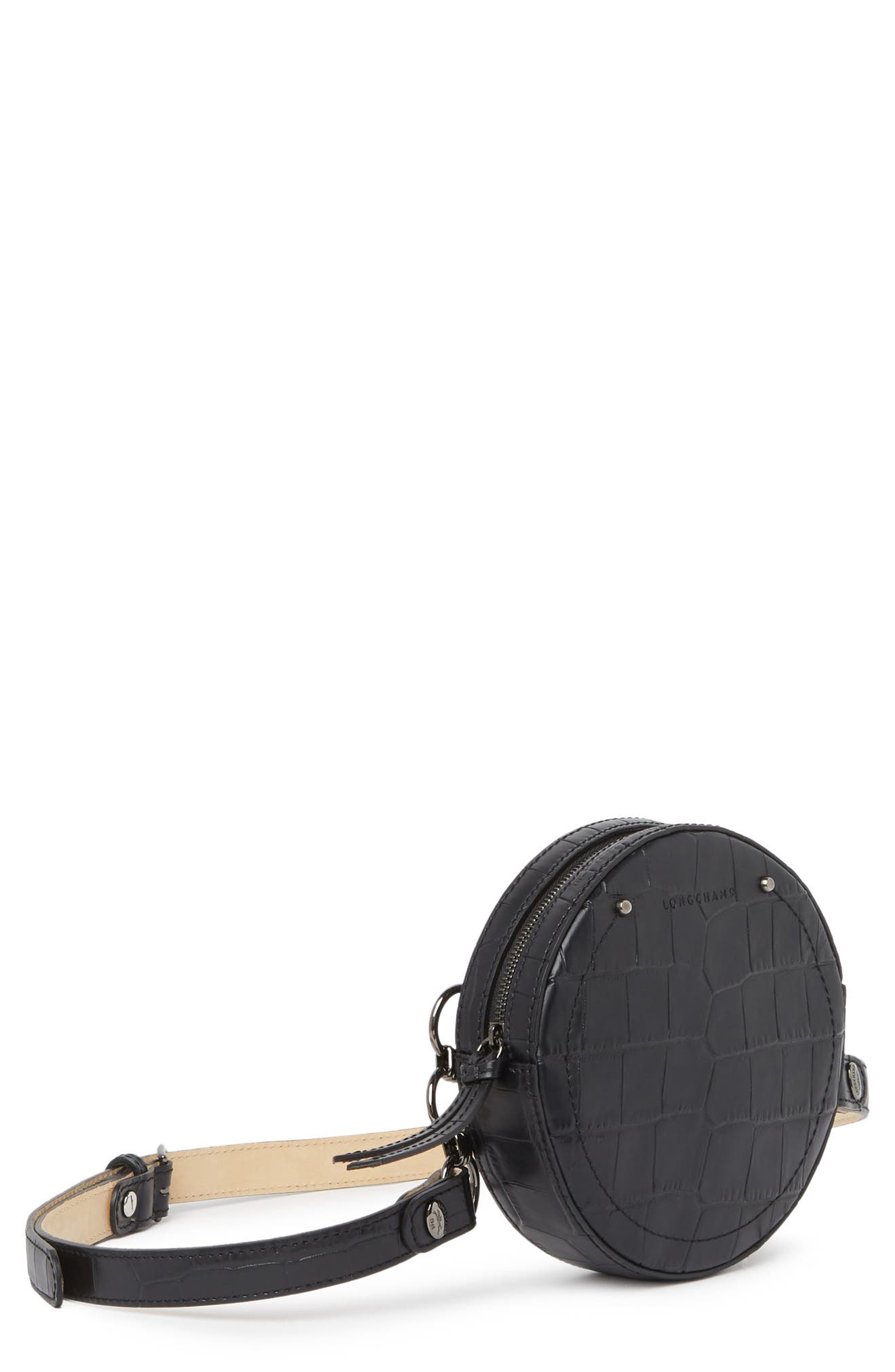 Longchamp Croc Embossed Circle Belt Bag, Alternate, color, Black