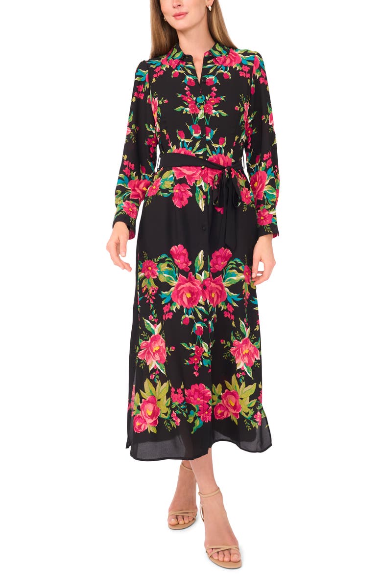 Vince Camuto Floral Print Tie Belt Midi Shirtdress, Main, color, Wild Raspberry