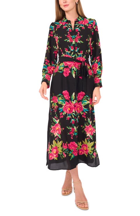 Floral Print Tie Belt Midi Shirtdress