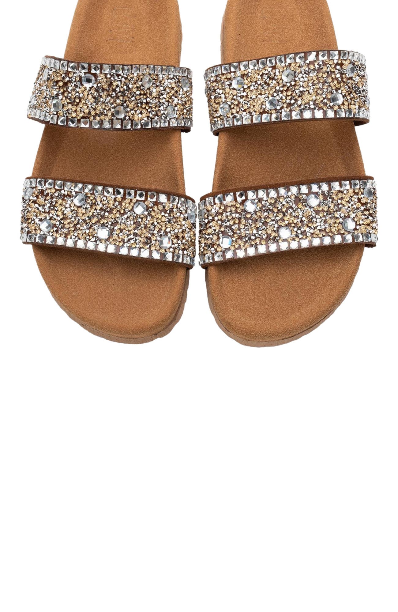 Forever & Always Shoes Jamie Leather Double Strap Slide Sandal with Stones, Alternate, color, Cognac Leather