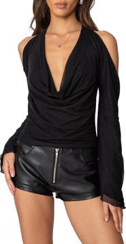 EDIKTED Cold Shoulder Cowl Neck Mesh Halter Top