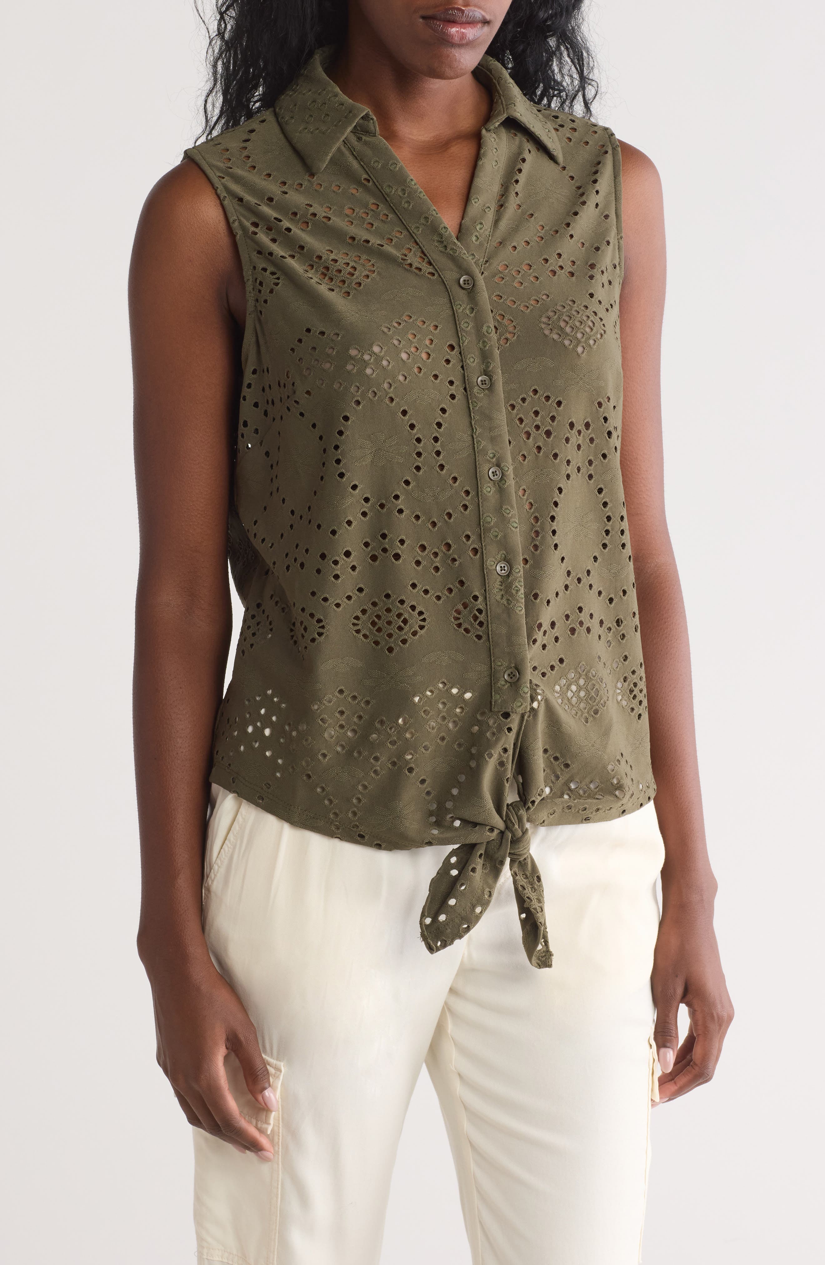 Adrianna Papell Eyelet Sleeveless Button-Up Shirt (Women) | Nordstromrack