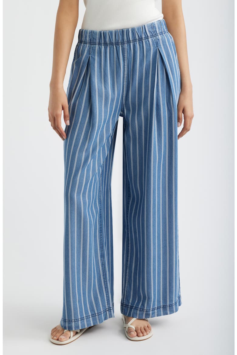 Pleated Stripe Wide Leg Denim Pants, Main, color, MEDIUM INDIGO