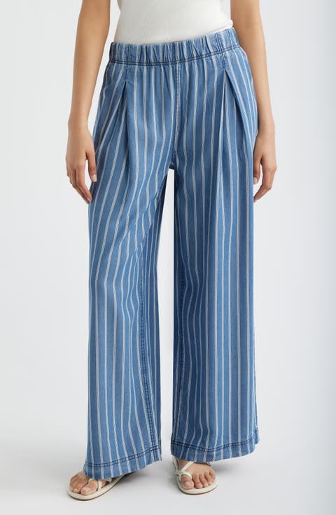 Pleated Stripe Wide Leg Denim Pants