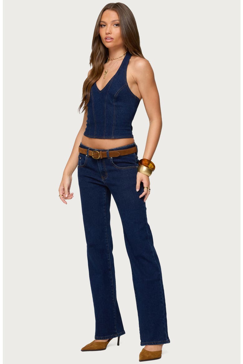 Jemma Contrast Stitch Denim Halter Top, Alternate, color, DARK-BLUE-WASHED