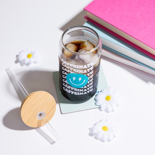 Totalee Gift Caffeinate Glass Cup W/ Lid And Straw Glass Clear 16 oz In Transparent