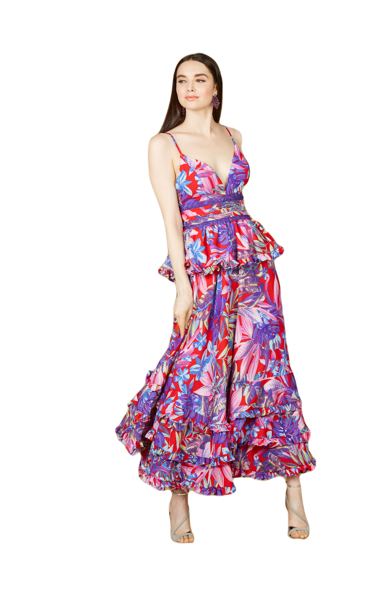 LARA New York Ruffle Skirt Printed Gown, Main, color, Red