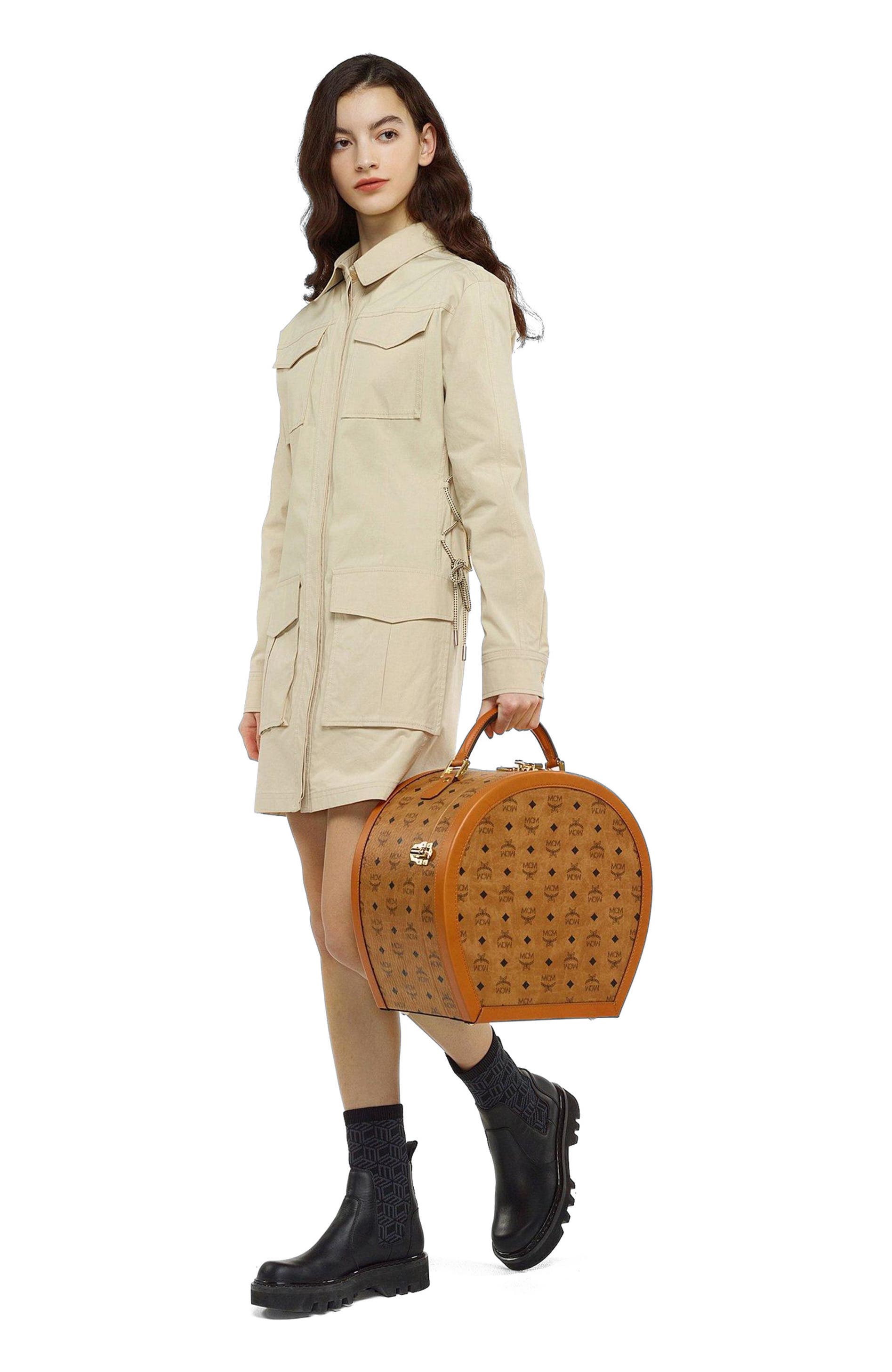 MCM Hat Box in Visetos, Main, color, Cognac