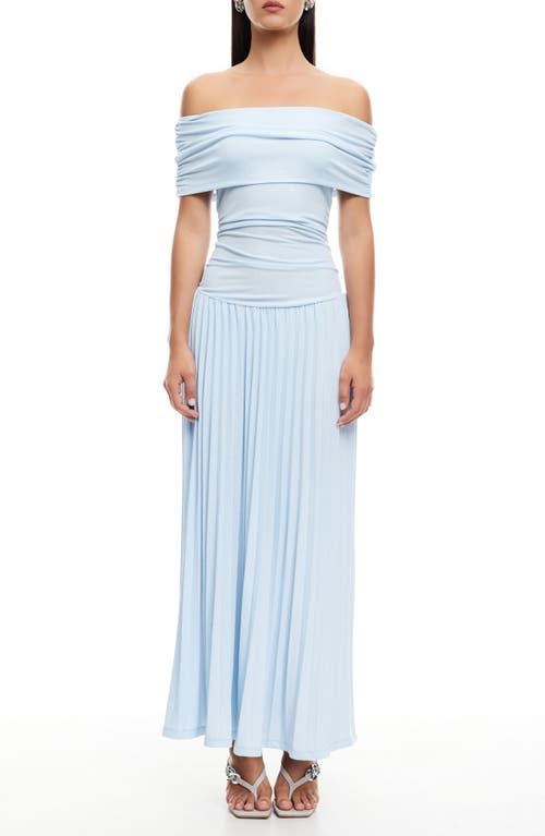 Lioness Field Of Dreams Fine Knit Foldover Bardot Ruched Drop Waist Pleated Maxi Dress In Soft Blue