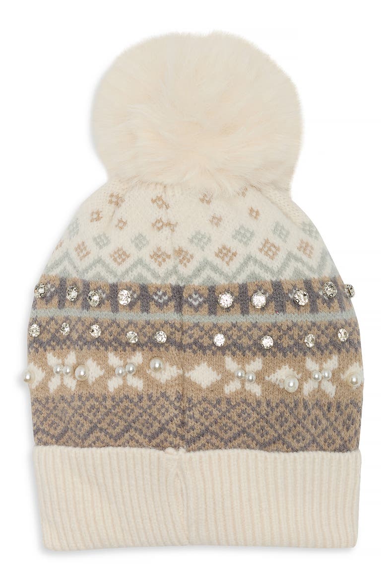 Fair Isle Pom Beanie with Crystals and Faux Pearls, Alternate, color, IVORY