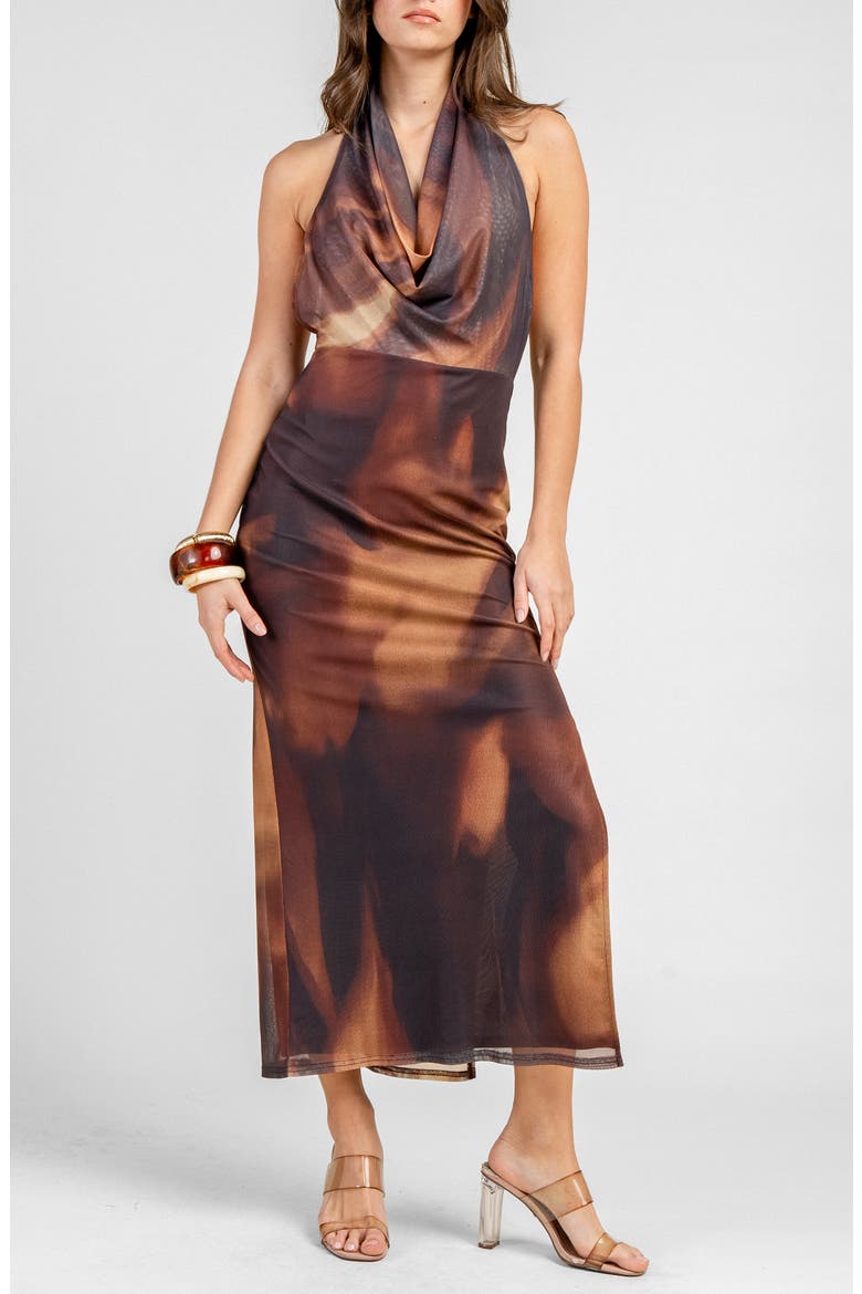 Cowl Neck Mesh Maxi Dress, Alternate, color, GOLDEN BROWN