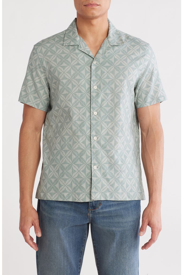 Geometric Leaf Print Linen & Cotton Camp Shirt, Main, color, GREY BLUE LEAVE GEOMETRIC