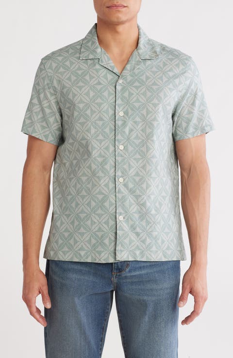Geometric Leaf Print Linen & Cotton Camp Shirt