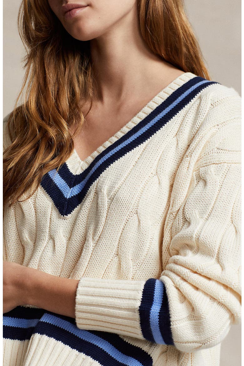 Cabled Cotton Cricket Sweater, Alternate, color, CRM NVY