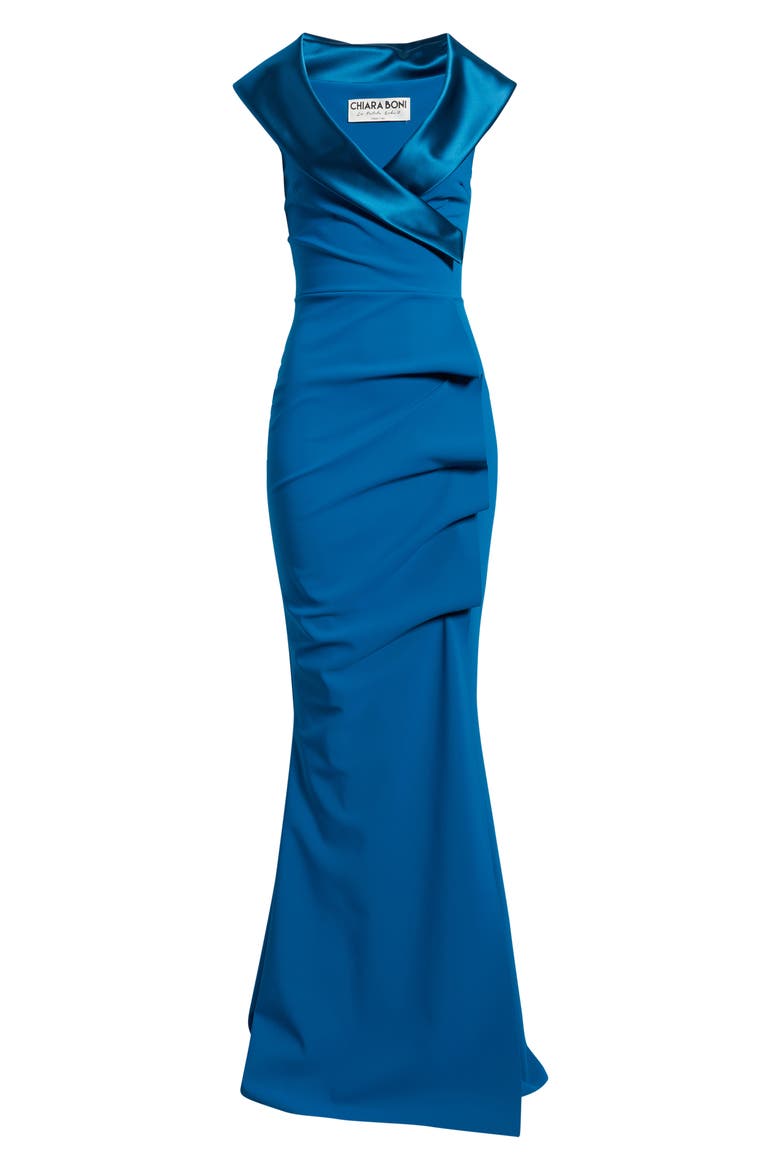 Fiy Satin Trim Mermaid Gown, Alternate, color, TEAL BLUE