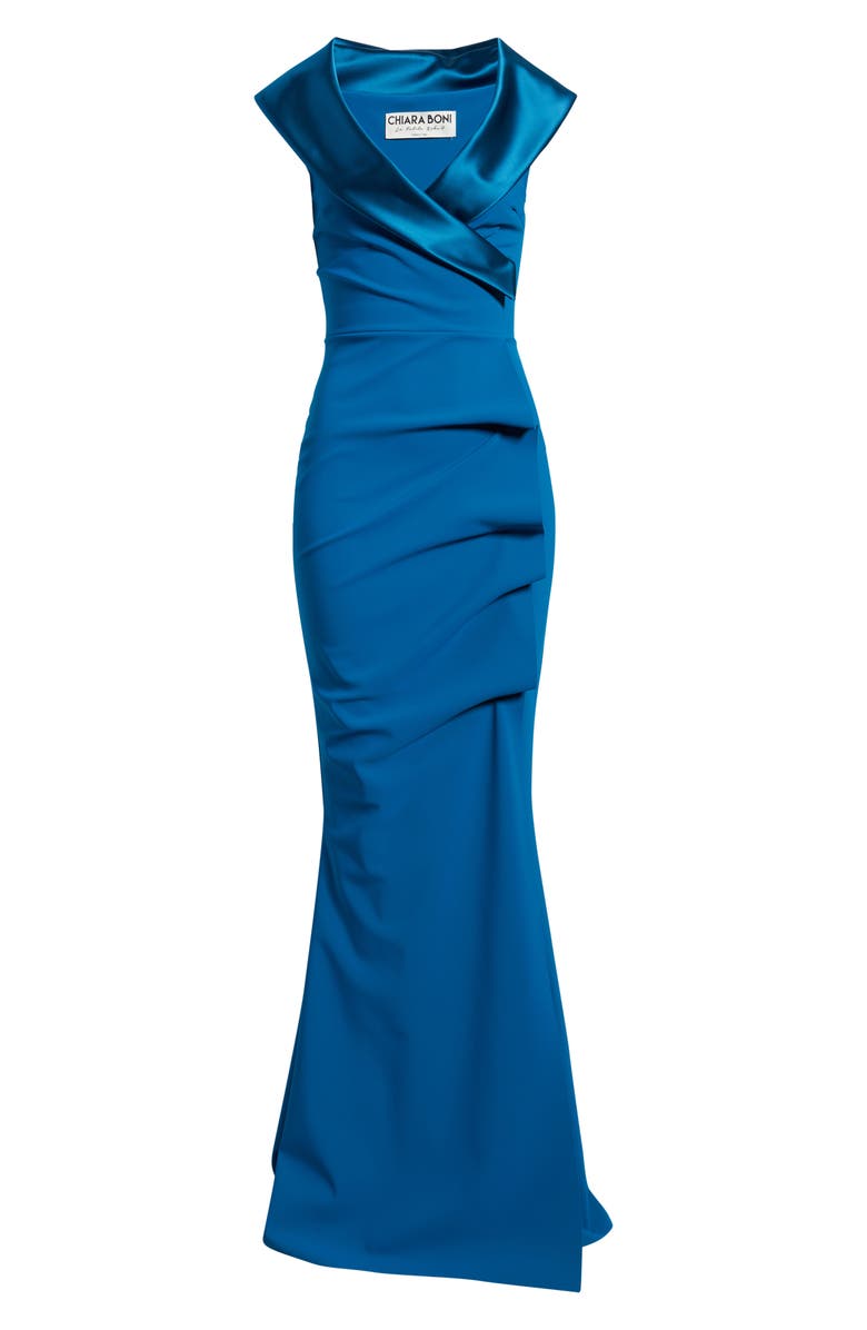 Chiara Boni La Petite Robe Fiy Satin Trim Mermaid Gown, Alternate, color, Teal Blue