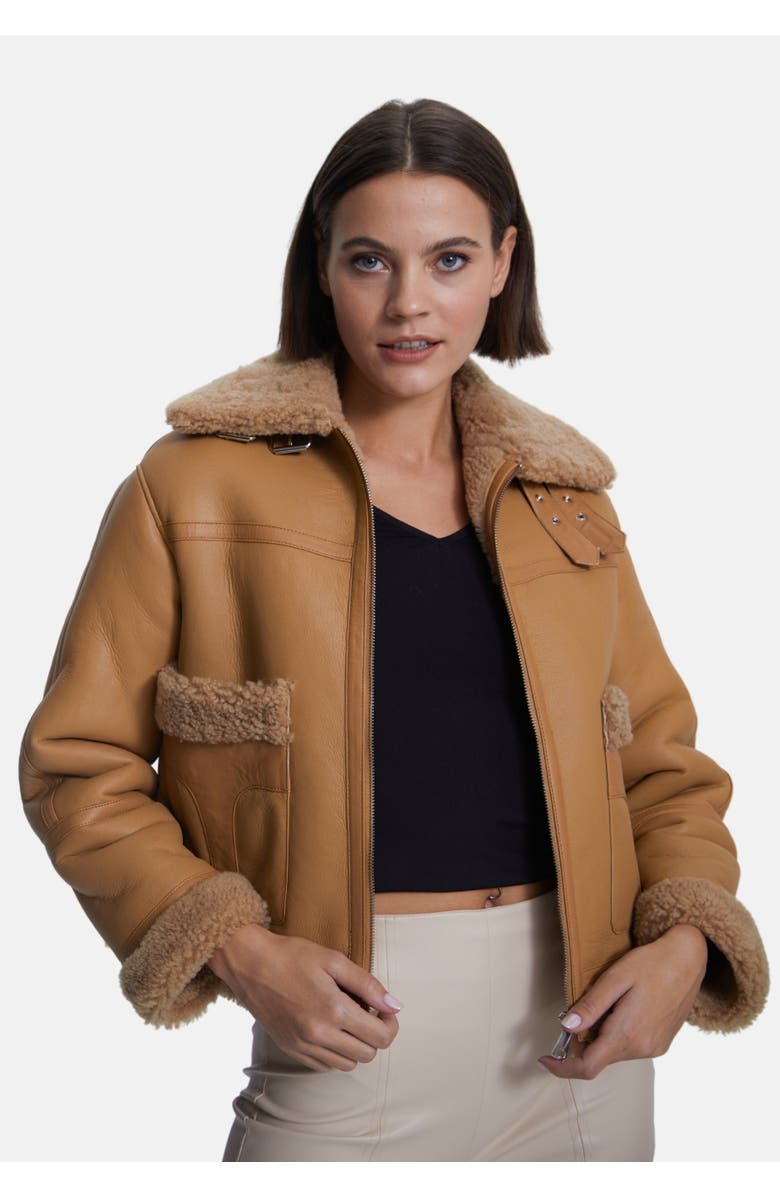 Furniq UK Ophelia Leather Shearling Jacket, Main, color, Beige