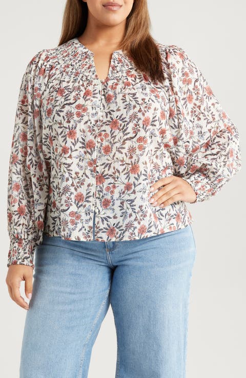 Print Smocked Yoke Button-Up Shirt (Plus)