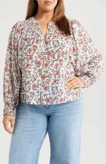 Treasure & Bond Print Smocked Yoke Button-Up Shirt