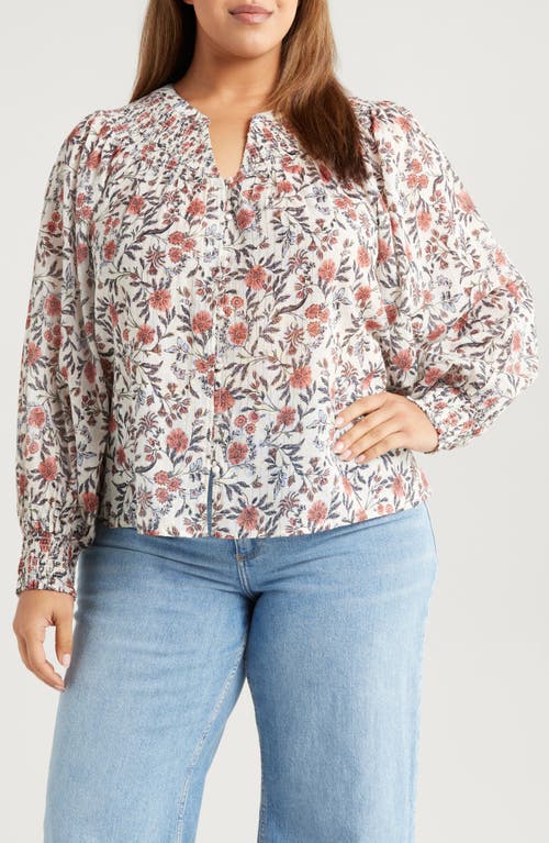 Treasure & Bond Print Smocked Yoke Button-up Shirt In Ivory- Pink Fleurette