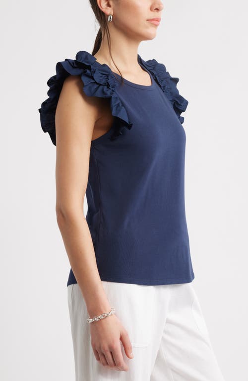 Caslonr Caslon(r) Ruffle Shoulder Cotton Tank In Navy Blazer