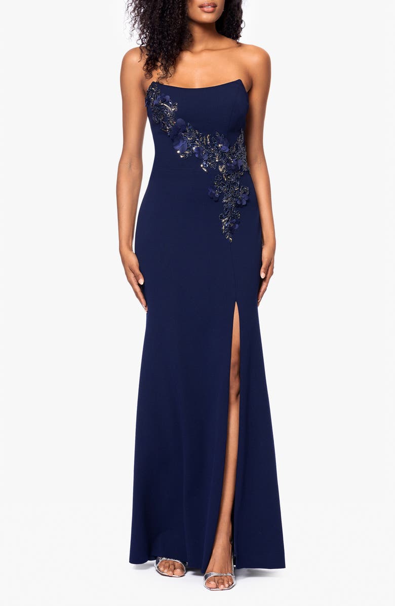 Betsy & Adam Beaded Floral Detail Strapless Scuba Crepe Gown, Main, color, Navy