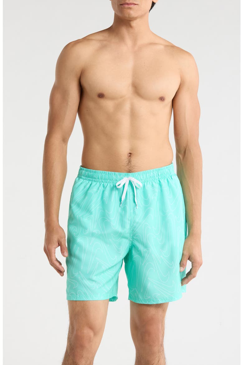 Breaker Tossed Swoosh Swim Trunks, Main, color, BLEACHED TURQUOISE