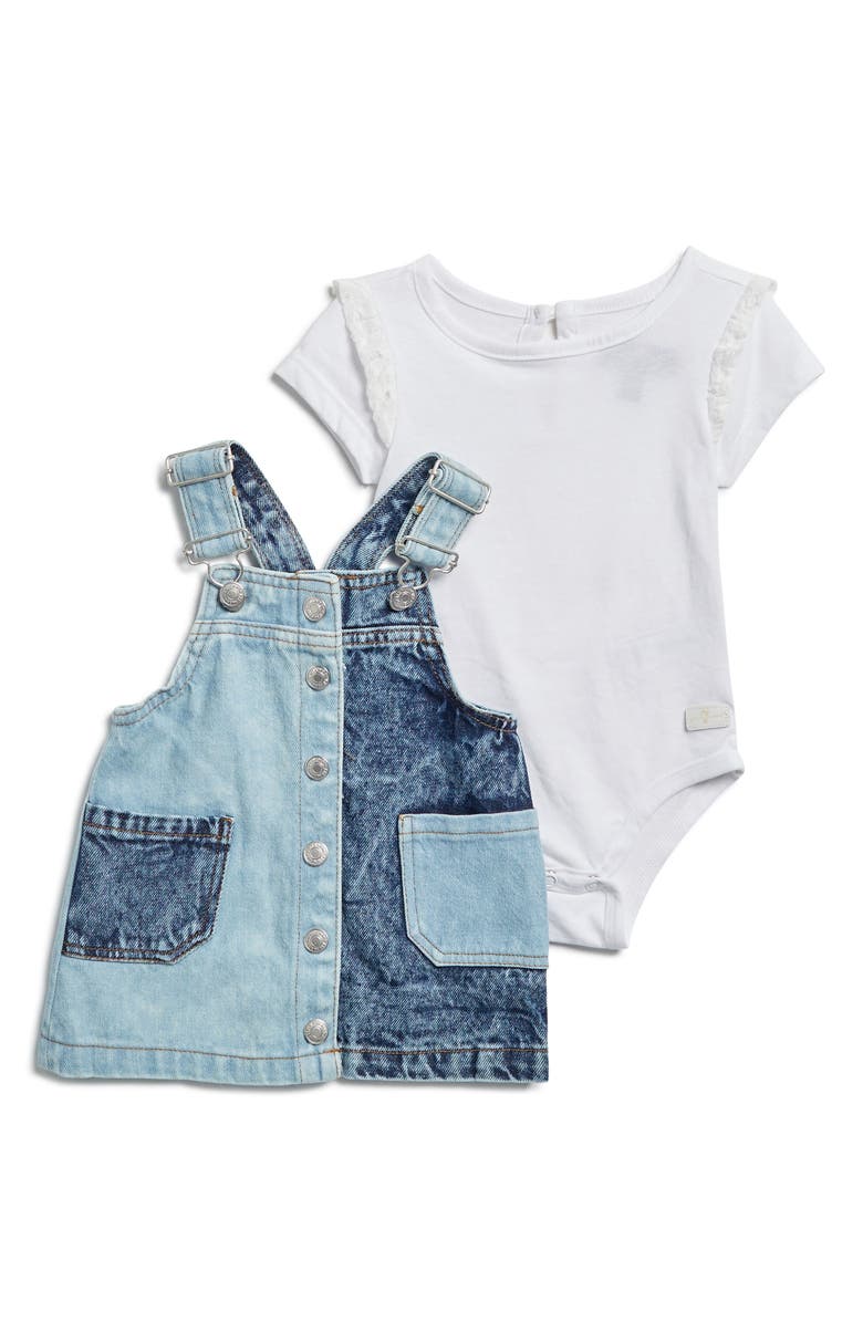 7 For All Mankind Cotton Blend Bodysuit & Denim Overall Dress Set, Main, color, 