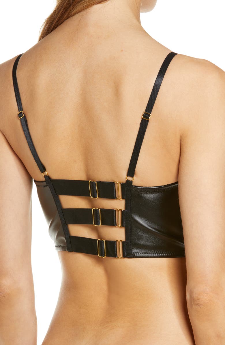 Hunkemöller Talia Faux Leather & Lace Underwire Longline Push-Up Bra, Alternate, color, Caviar