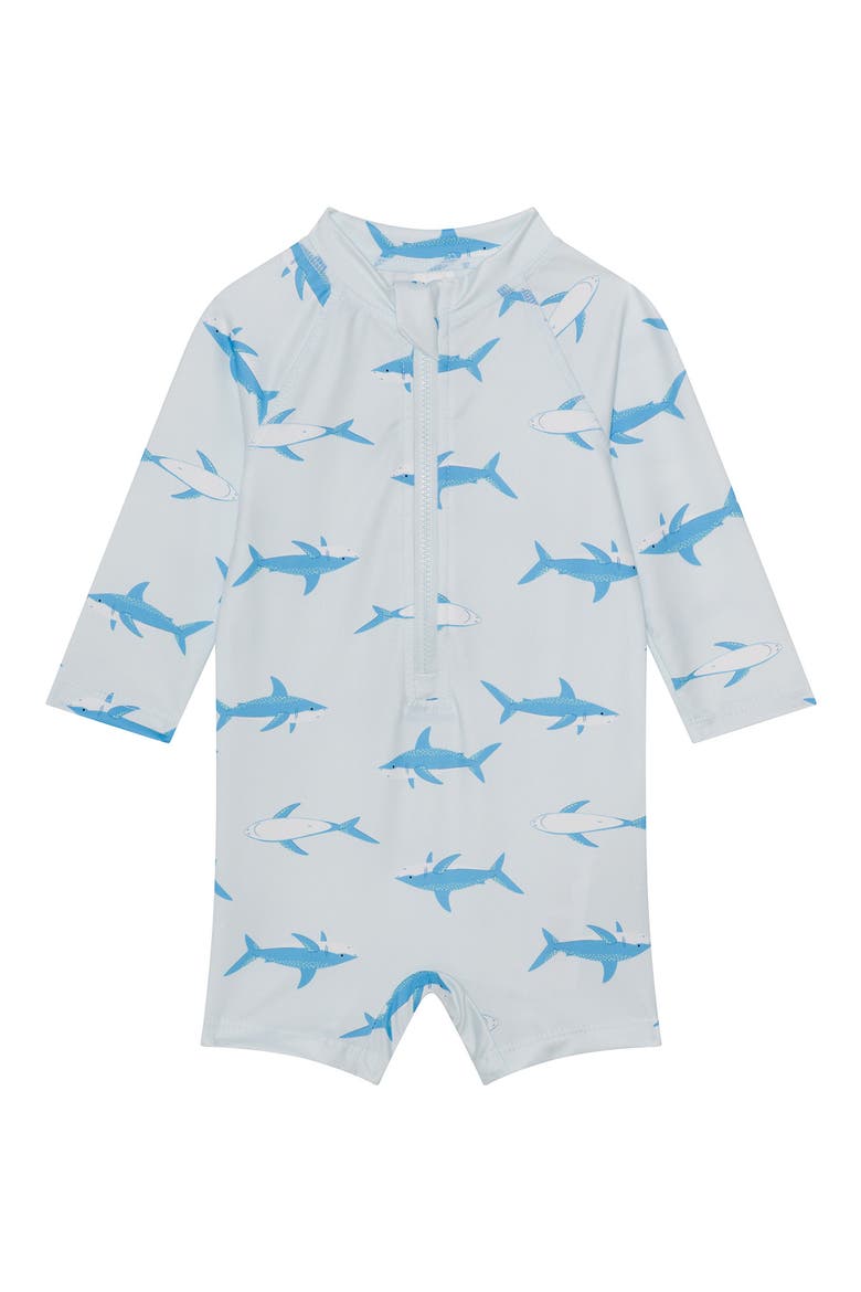 Shark Long Sleeve One-Piece Rashguard Swimsuit & Hat Set, Alternate, color, SHARKS